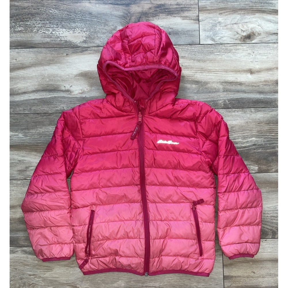 Eddie Bauer Girls Pink Puffer Jacket Full Zip Hooded Size S 7/8 Down Reversible